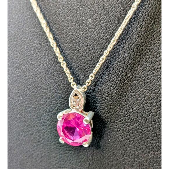 Pink Sapphire Solitaire & CZ Pendant 925 Sterling Silver 18.5" Necklace - Picture 2 of 10